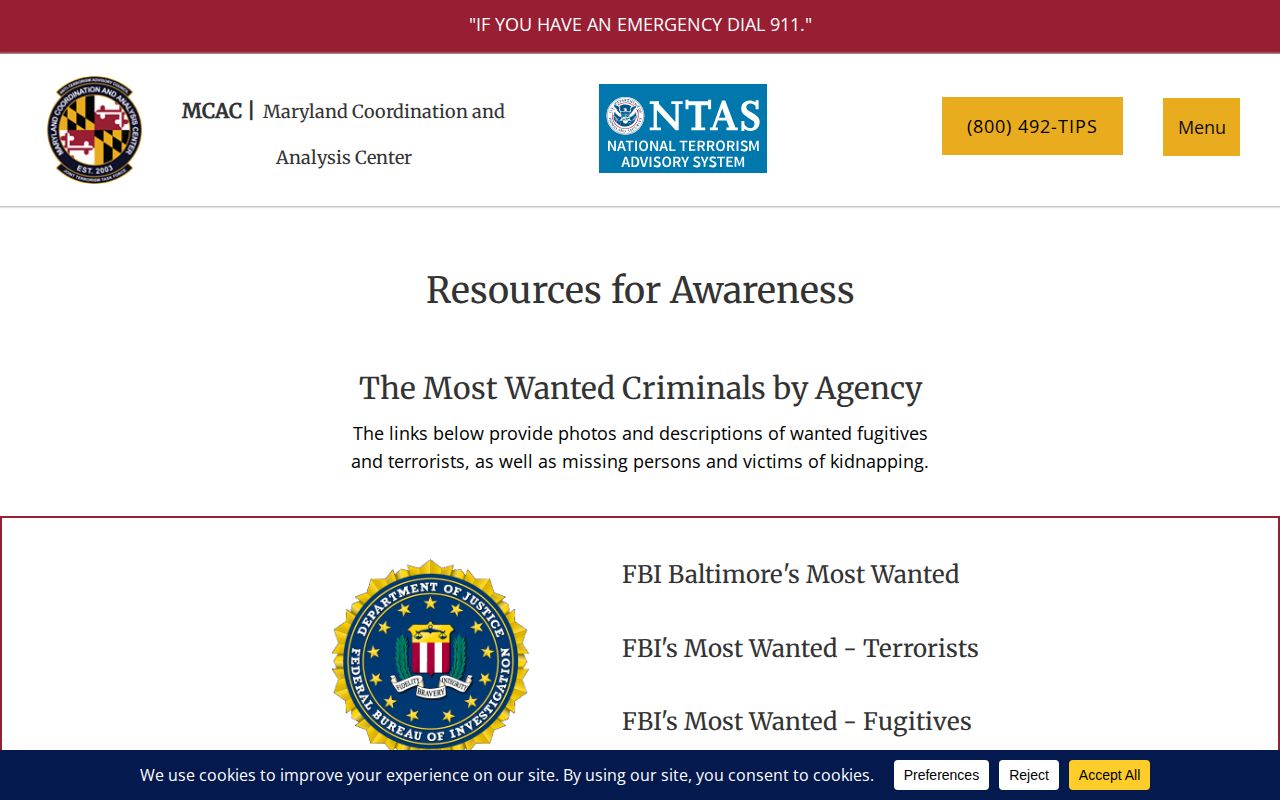 Maryland Coordination and Analysis Center gateway for agency wanted lists