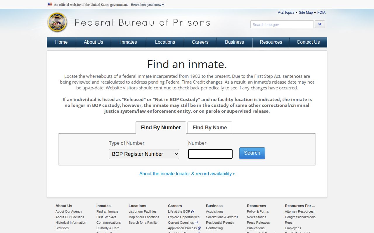 Federal Bureau of Prisons locator fields for federal custody searches