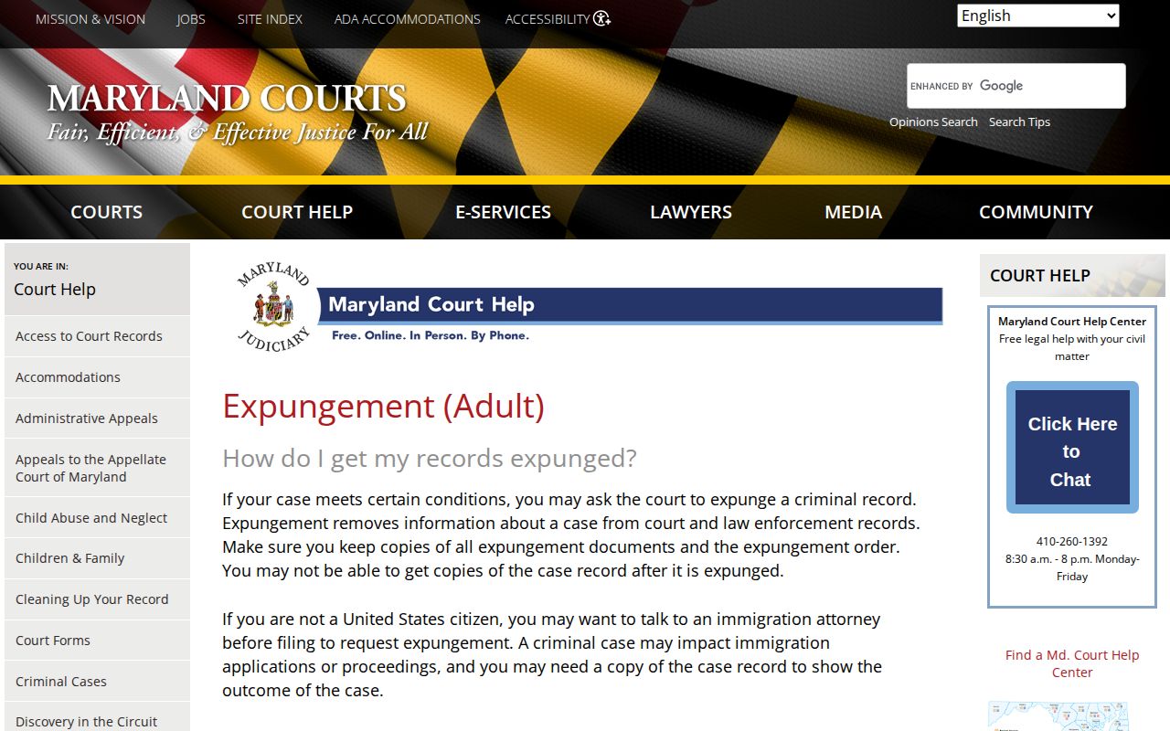 Maryland Courts expungement eligibility and form information for arrest records
