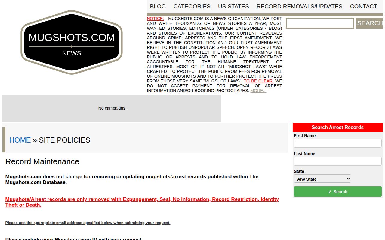 Mugshot publisher policy page describing free removal and update requests
