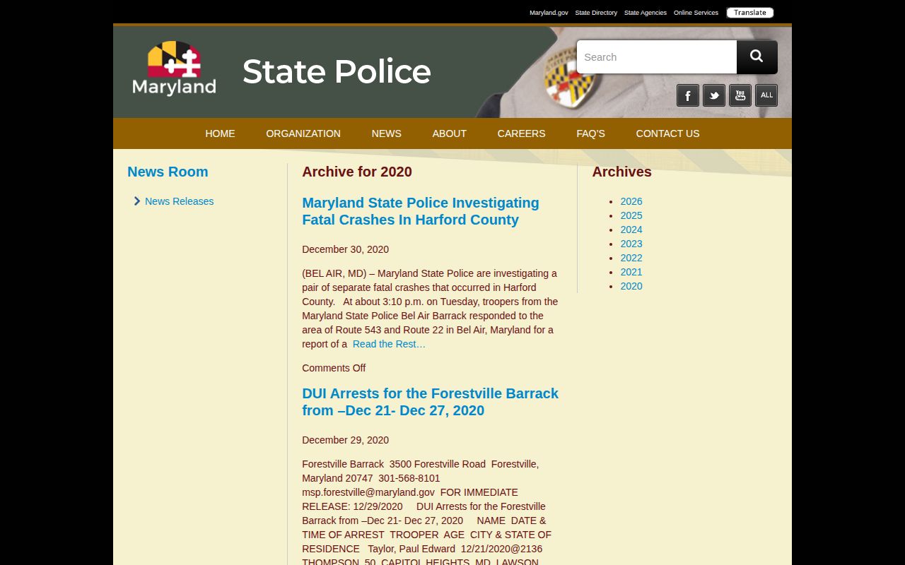 Maryland State Police 2020 archive with dated DUI and barrack arrest reports