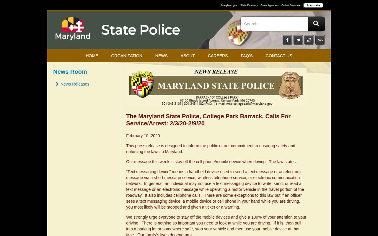 Maryland State Police historical weekly calls-for-service and arrest report