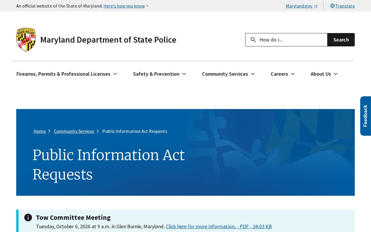 Maryland State Police arrest records Public Information Act request page