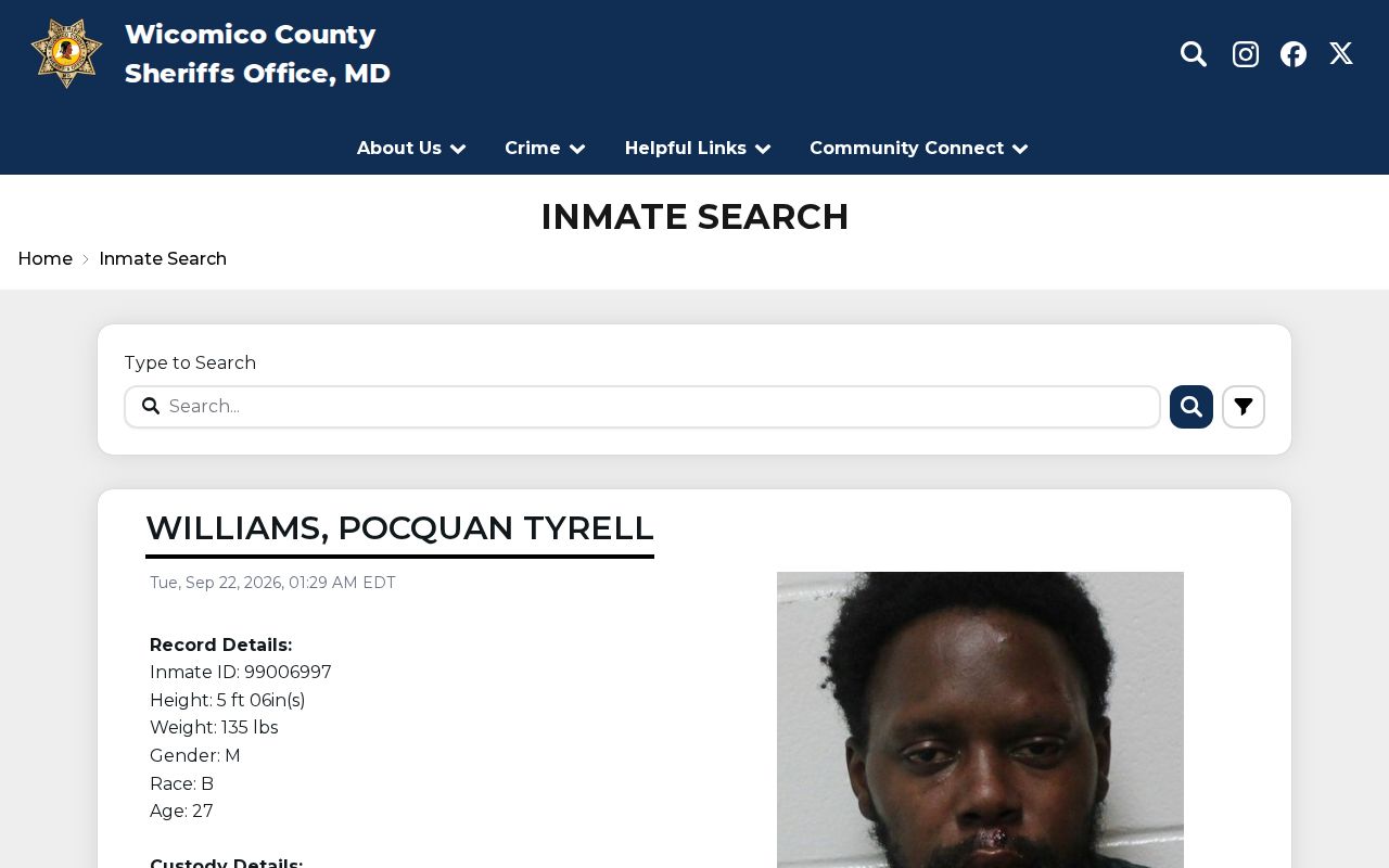 Maryland current-custody search example on the Wicomico Sheriff's inmate search page