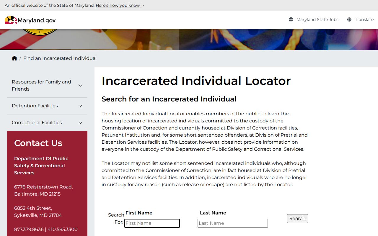 Maryland DPSCS inmate locator interface for state custody records