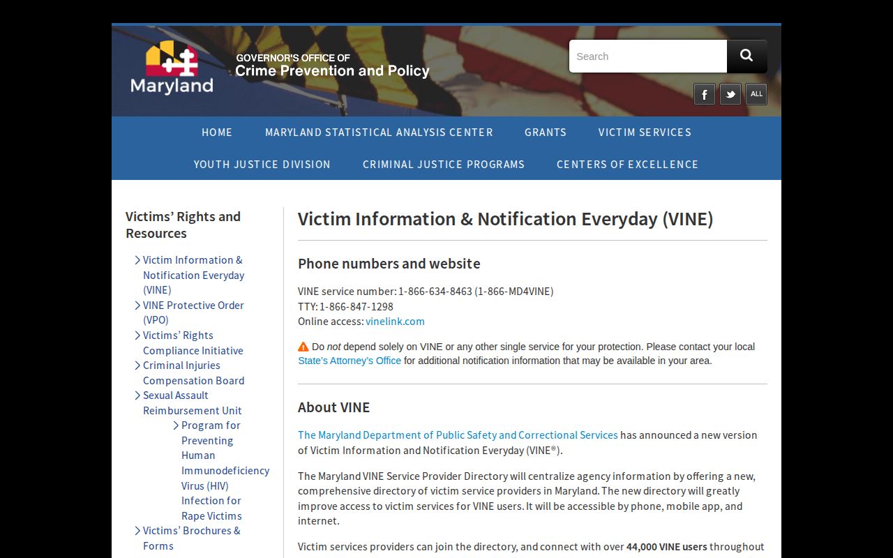 Maryland VINE official custody notification information page