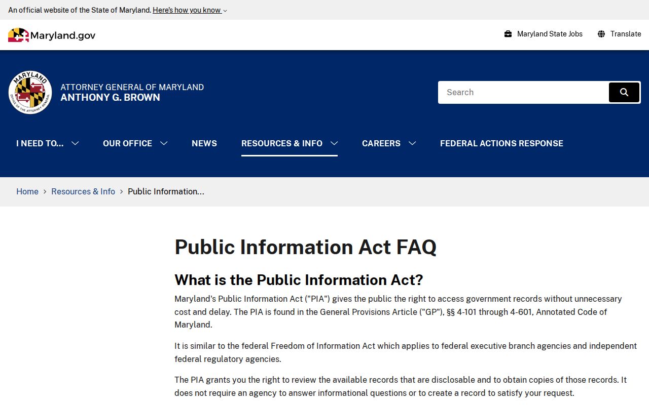 Maryland Public Information Act guidance about records custodians and fees