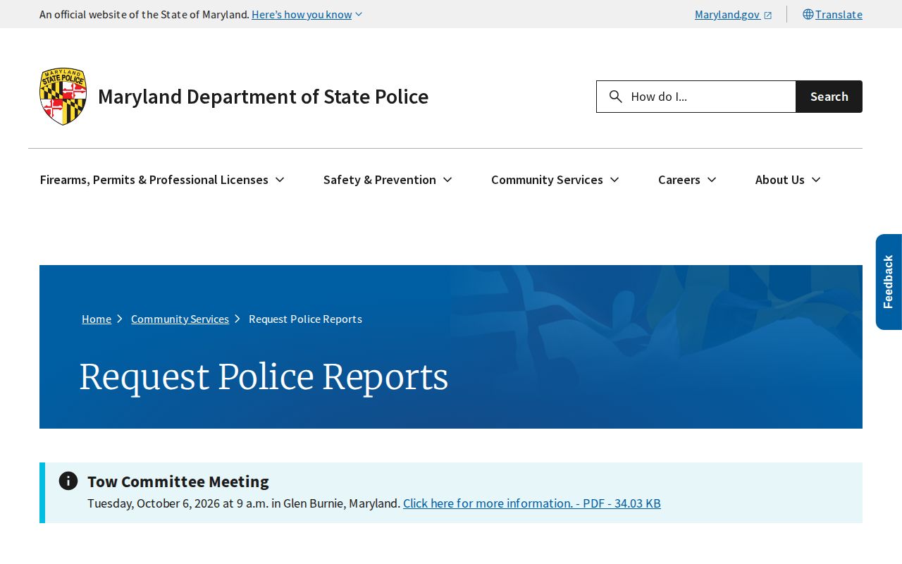 Maryland State Police arrest and incident report request page