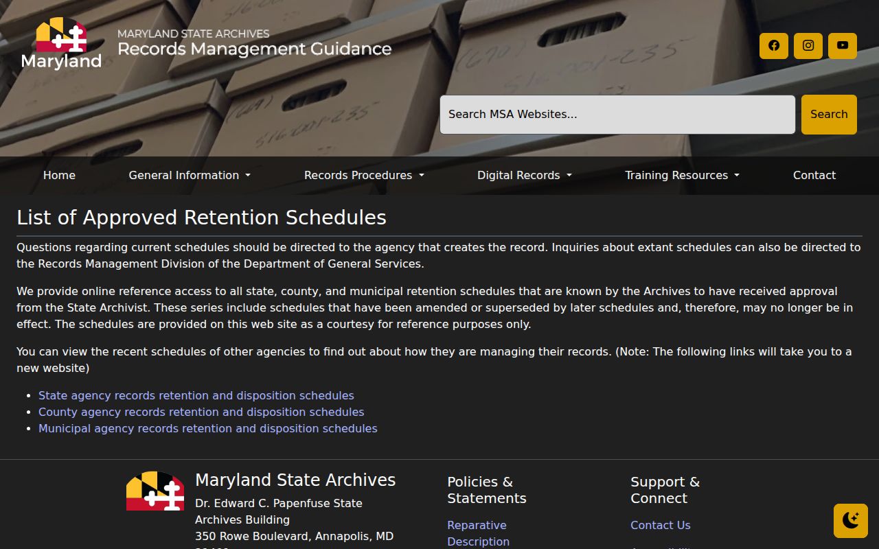 Maryland State Archives framework for agency records retention schedules