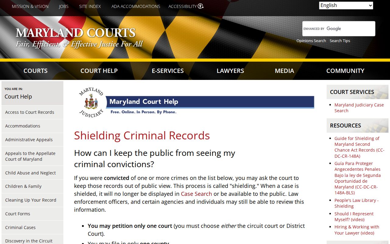 Maryland Courts guidance on shielding limits and public arrest-record access