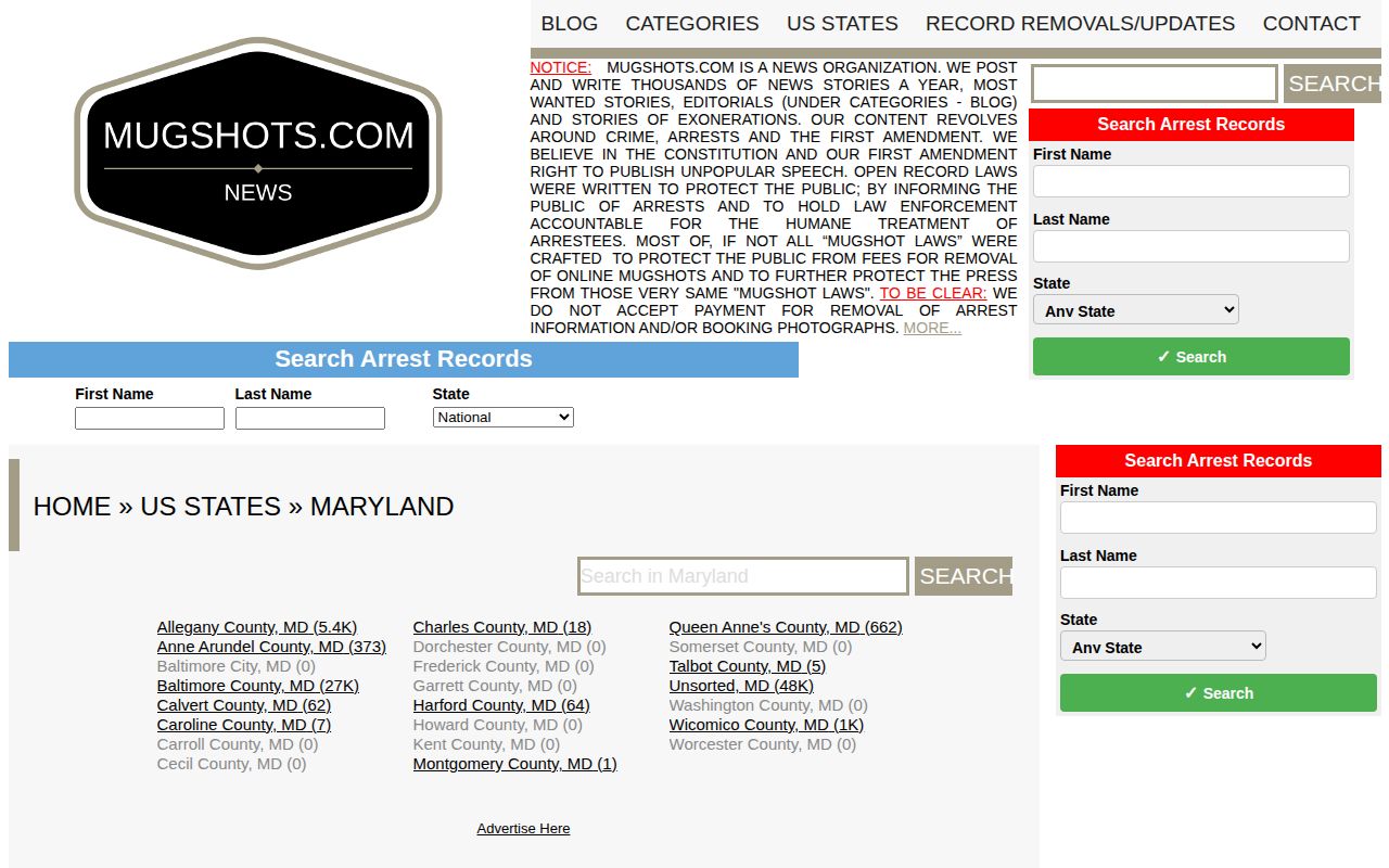 Maryland section on an unofficial arrest-photo publisher showing uneven county coverage